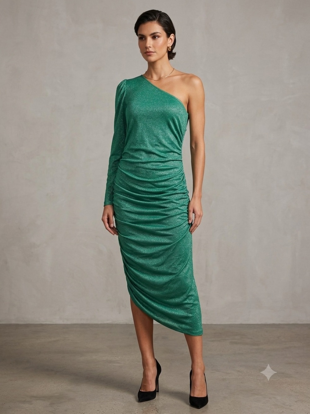 NWT All Worthy by Hunter McGrady One-Shoulder Green metallic Ruched Dress Small